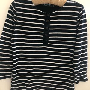 Ralph Lauren Womens half Button Up Shirt quarter Sleeve black and white.